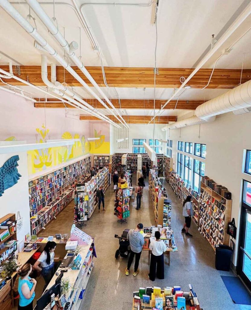 overhead look at long shelves in Napa Bookmine