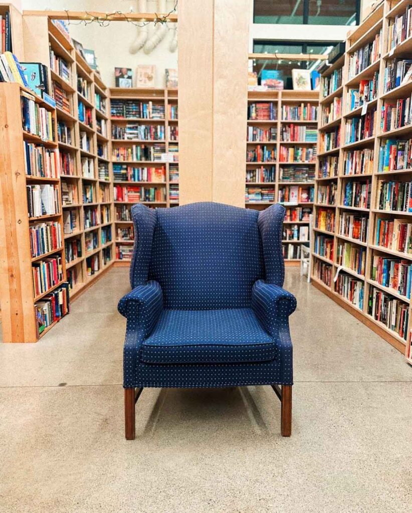 blue reading chair at Napa Bookmine