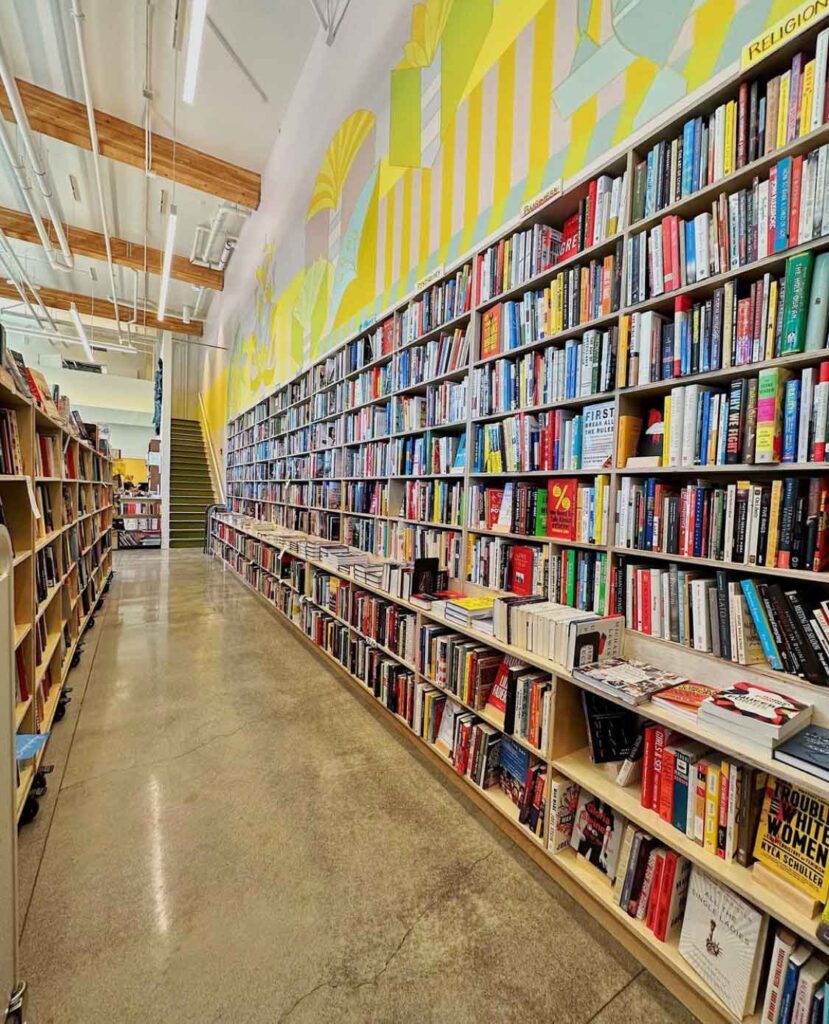 a long shelf of books in Napa Bookmine