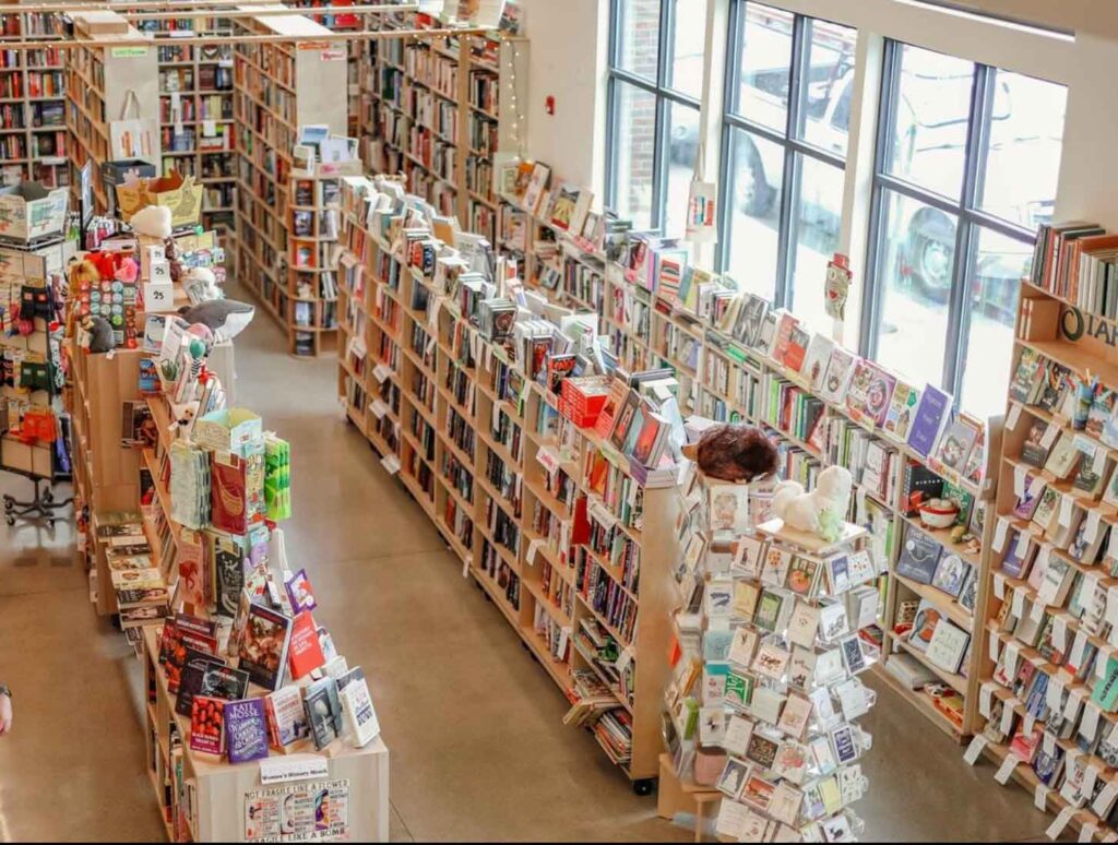 overhead look at long shelves in Napa Bookmine